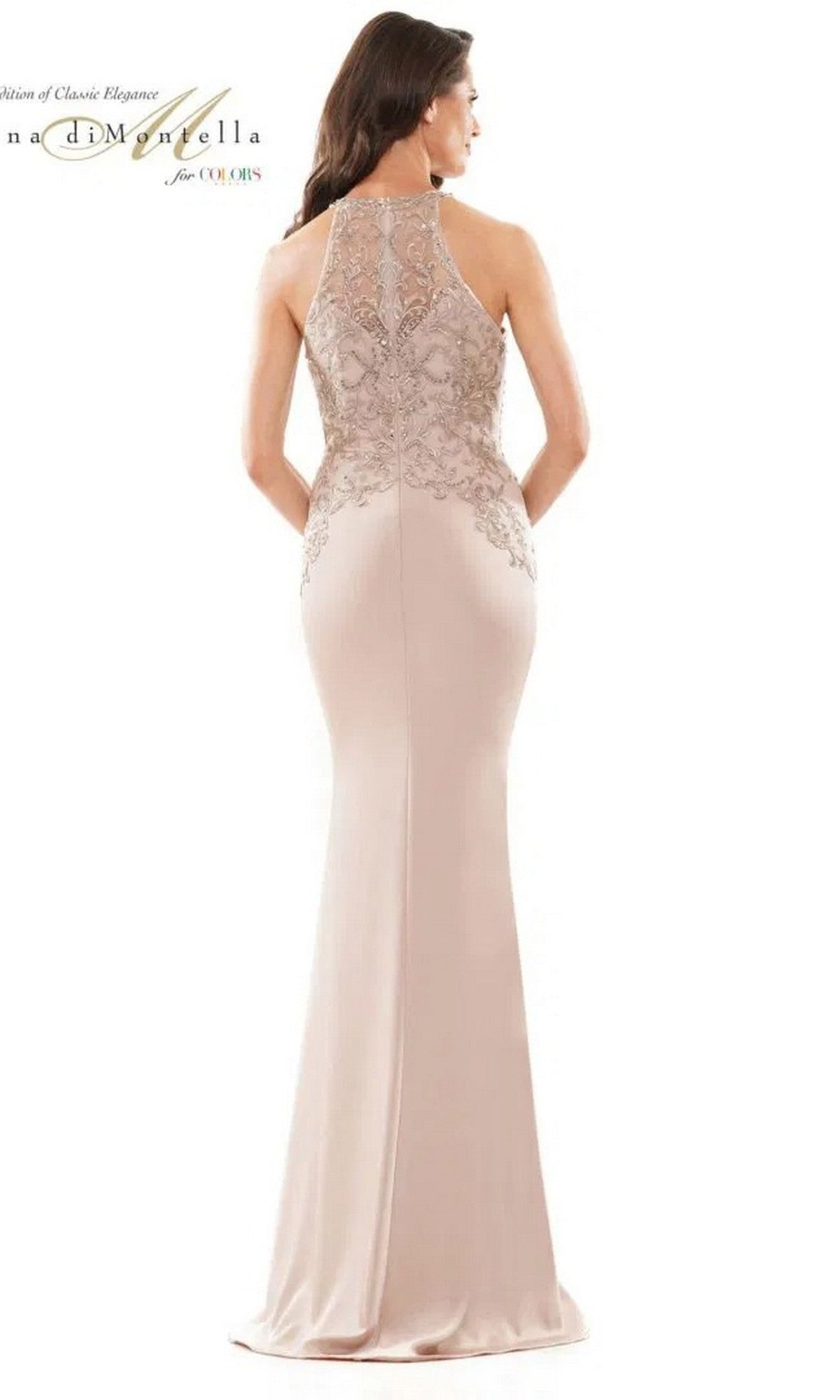 A woman is seen from behind in a Rina Di Montella RD2755 long formal dress in blush, featuring a sleeveless design, floor-length skirt, and delicate lace back detailing against a white background.